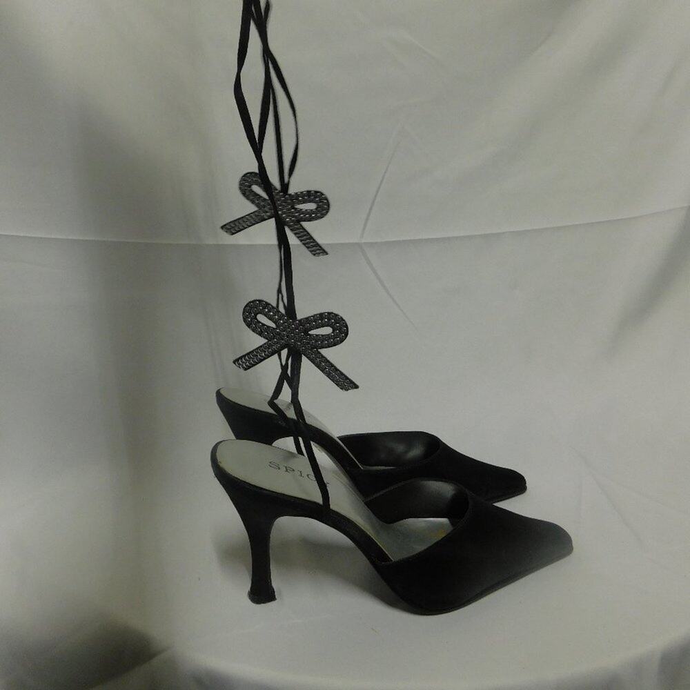 Spicy Black Satin Up the leg tie heels 7